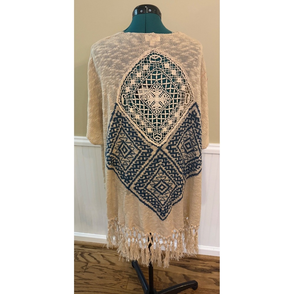 Umgee USA Women's S/M Beige Boho Crochet Back Open Front Fringe Cardigan